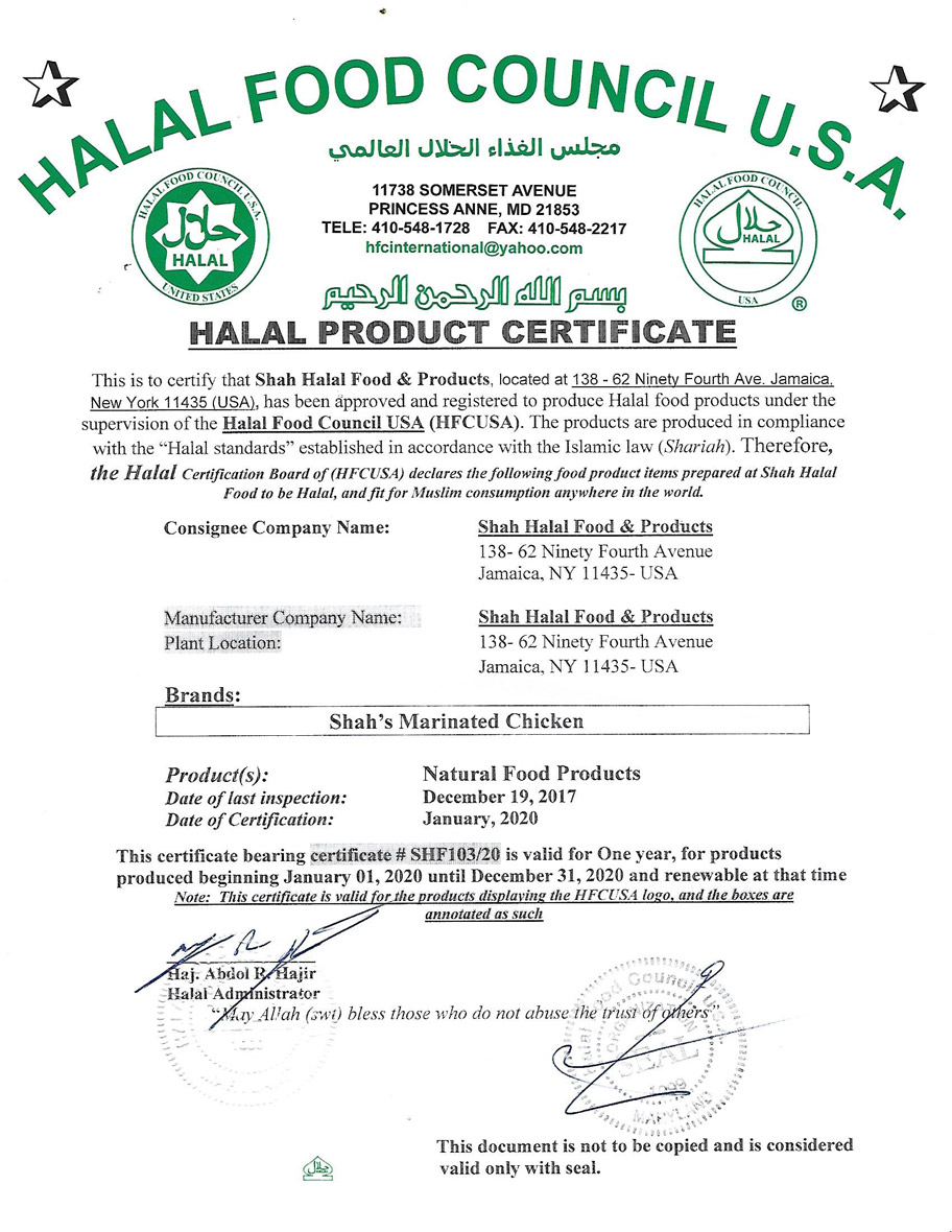 Halal Product Certificate Shahs Halal Food